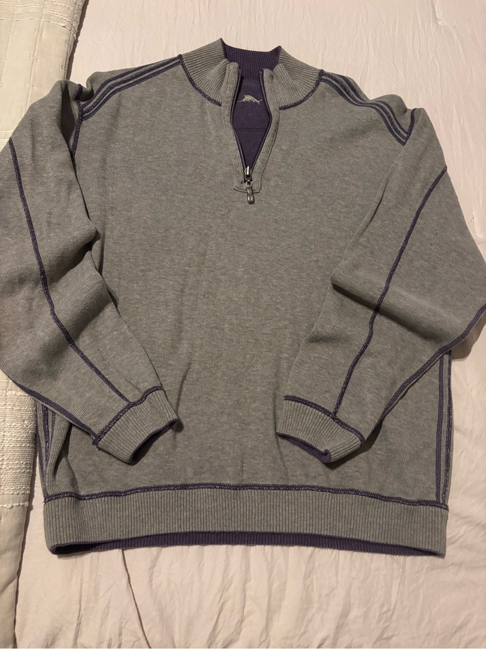 Tommy Bahama Men's Gray Quarter-Zip Sweater with Purple Trim